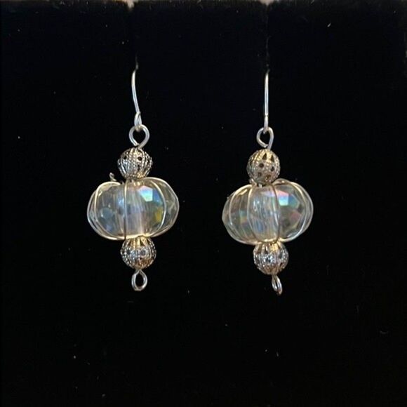 Handcrafted silver tone earrings with clear colored beads. - Picture 1 of 3